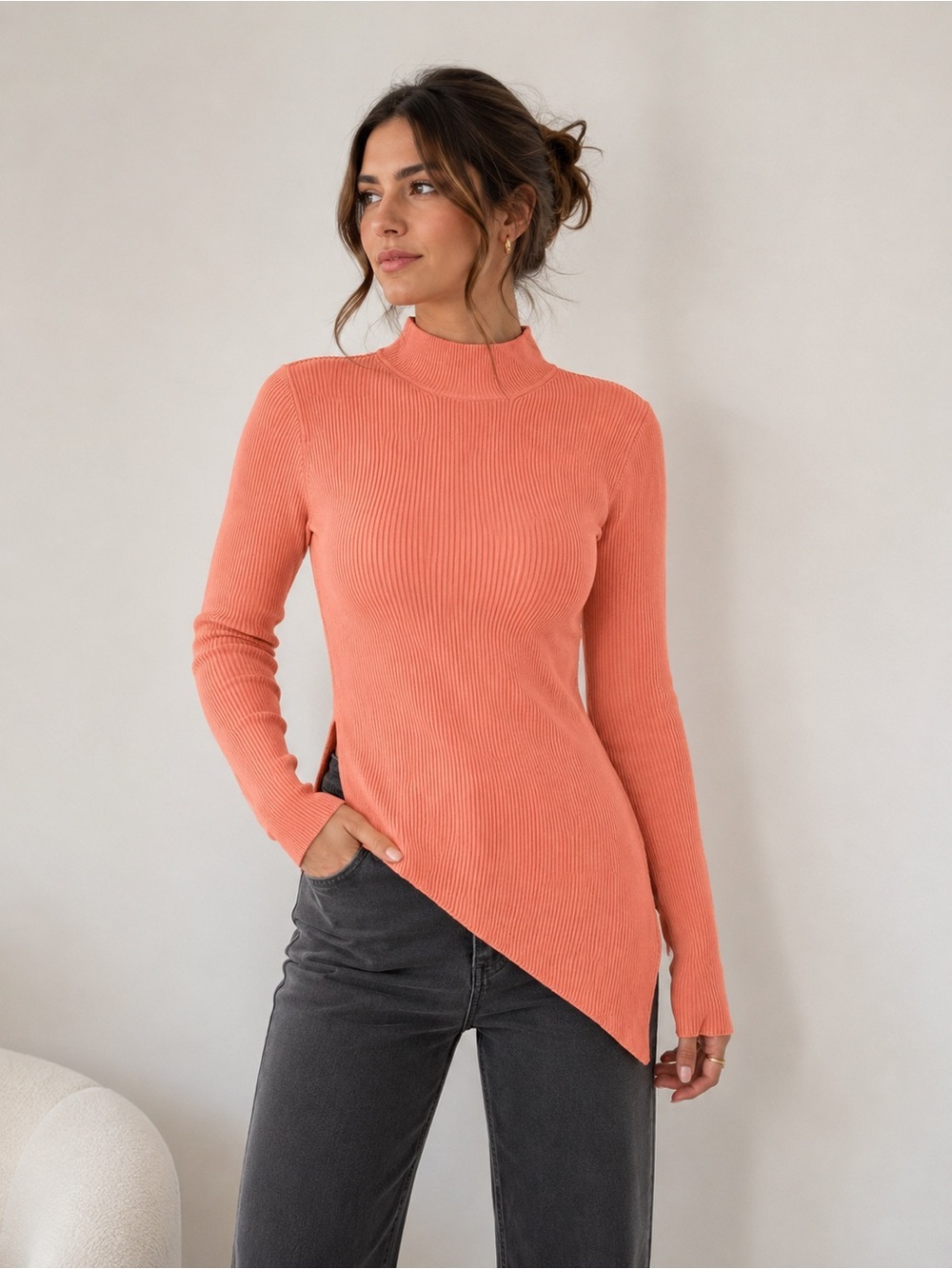 Zara Women’s Ribbed Mock Neck Asymmetrical Sweater Coral Pink Long Sleeve